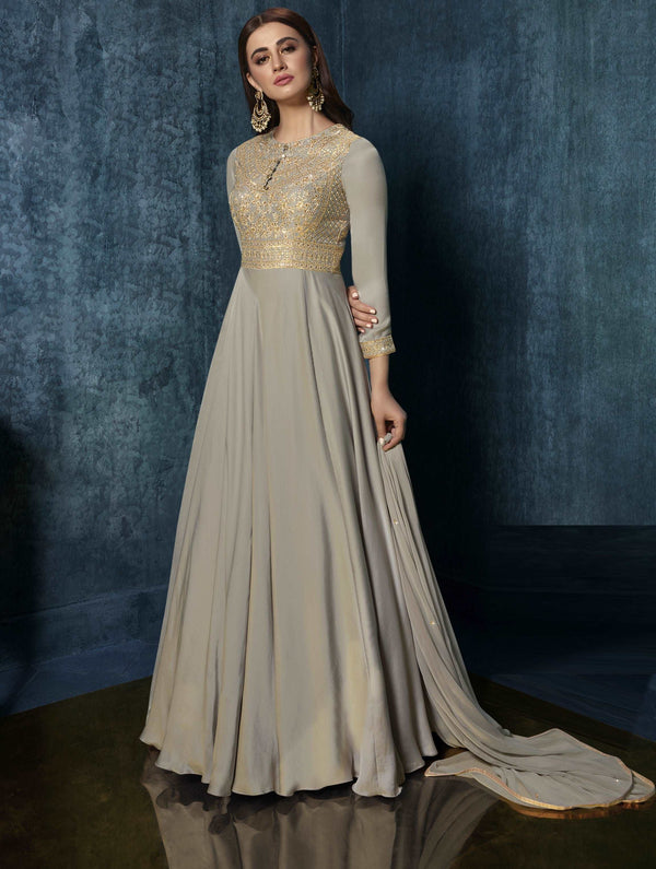Grey Modal Satin Gown with Dupatta with Zari Work